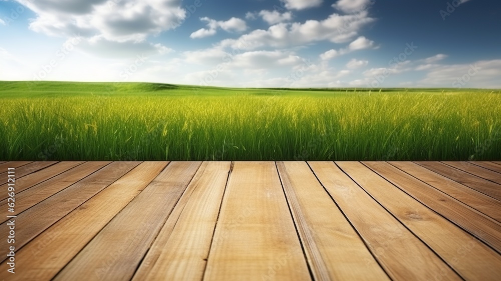 Wooden floor with meadow background against blue sky, natural eco-friendly design Wooden floor with meadow background against blue sky, natural eco-friendly design