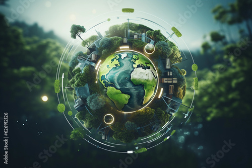 Green Earth showcasing Environmental Technology and Sustainable Development Goals (SDGs). Image depicts concept of environmental sustainability and nature preservation with prominent environment icons