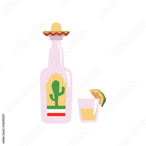 Mexican drink bottle decorated with cactus and hat, cartoon tequila glass shot with lime slice vector flat illustration