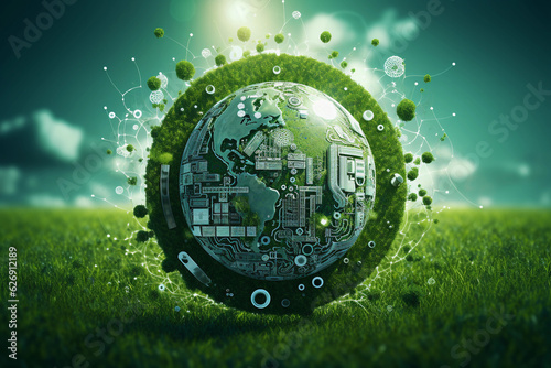Green Earth showcasing Environmental Technology and Sustainable Development Goals (SDGs). Image depicts concept of environmental sustainability and nature preservation with prominent environment icons
