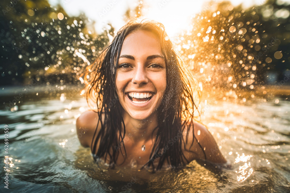 Obraz premium Femme souriante, avec les cheveux mouillés, se baignant sous le soleil, et jouant avec les éclaboussures d'eau - Générative IA