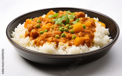 Rice with curry on white background. AKI