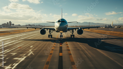 Front view of a modern large civil plane landed on the runway at the airdrome