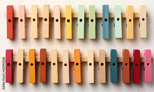 Colored wooden clothespins on a white background.
