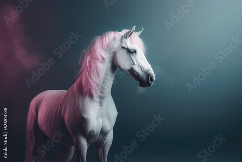 Pink hair white horse against dark blue background. Isolated  free space for text copy.