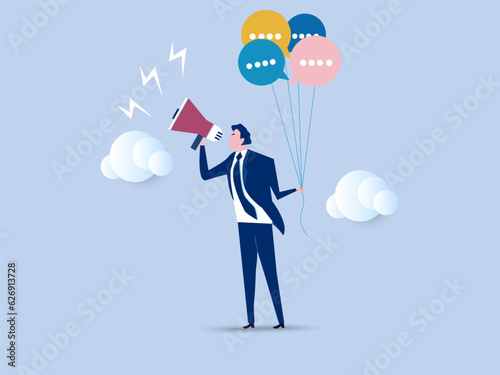 businessman holding speech bubble balloons while talking on megaphone. Communication or PR, Public Relations manager to communicate company information and media, announce sales or promotion concept.