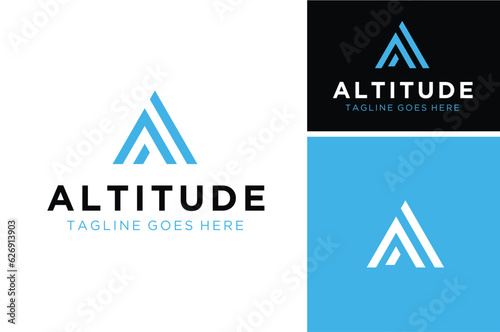 Initial Letter A Altitude Adventure with Stripes Ribbon Top Mountain Peak logotype Lettering Outdoor Apparel logo design