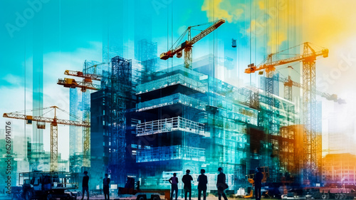 Image à double exposition sur le concept de la construction et de l'architecture urbaine- Générative IA