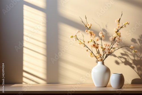 Beautiful flower vase near the window. Sunlight reflecting in the evening