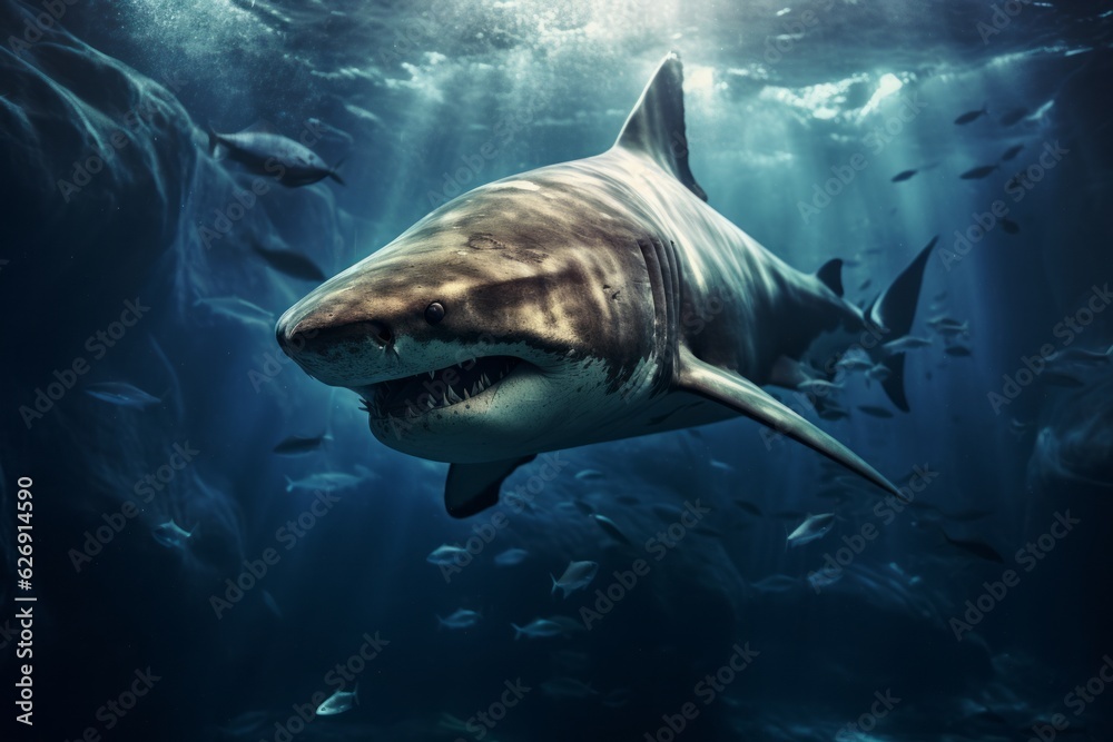 Fototapeta premium Shark swimming in the deep sea. Beautiful illustration picture. Generative AI