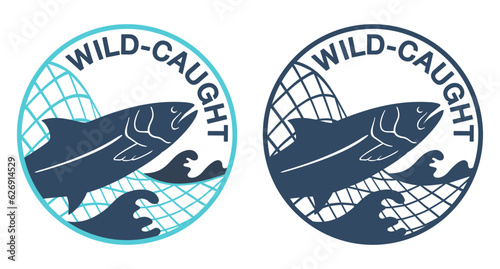 Wild-caught flat label - salmon in fishing net