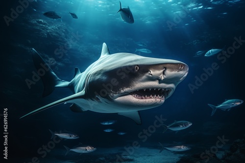 Shark swimming in the deep sea. Beautiful illustration picture. Generative AI