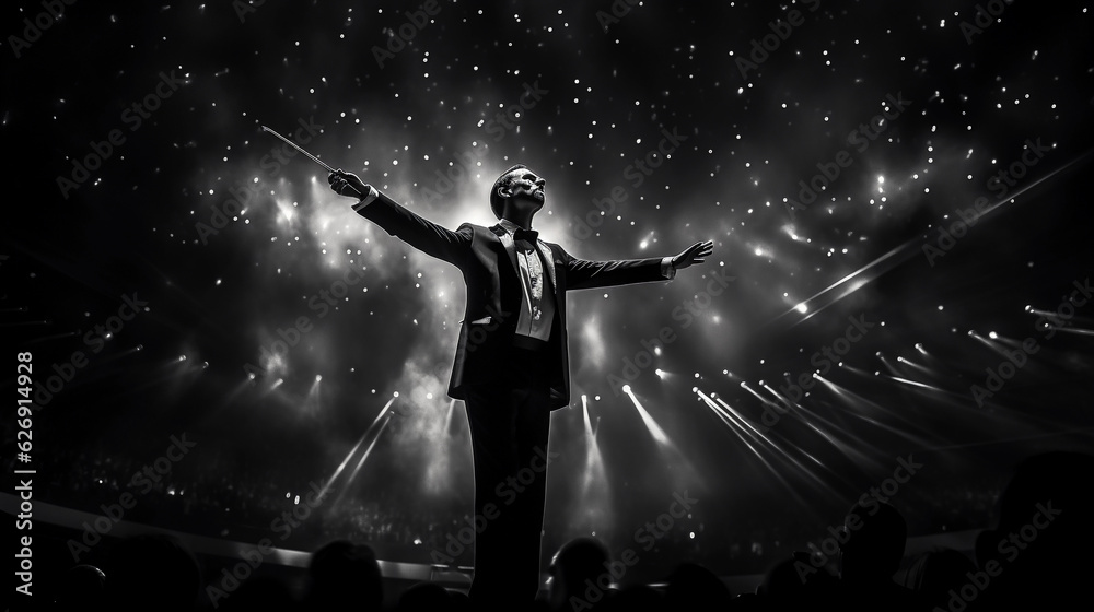 Orchestra conductor in action, seen from the orchestra's perspective, baton raised mid - motion, dramatic spotlight, black and white, high contrast, expressive