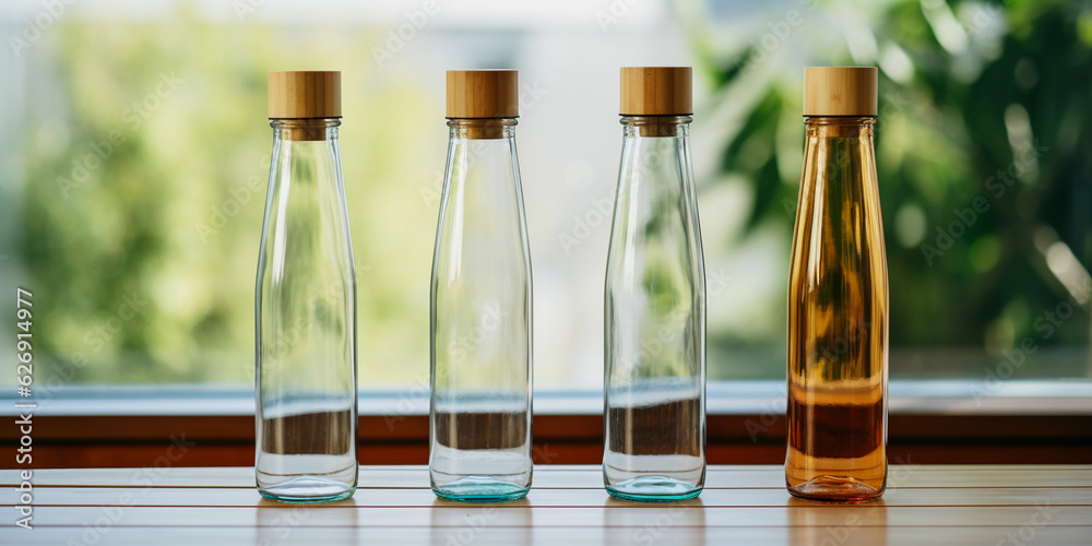 reusable water bottles made from glass, metal, and bamboo, arranged on a wooden surface, demonstrating the alternatives to single - use plastic bottles. Natural lighting from a nearby window