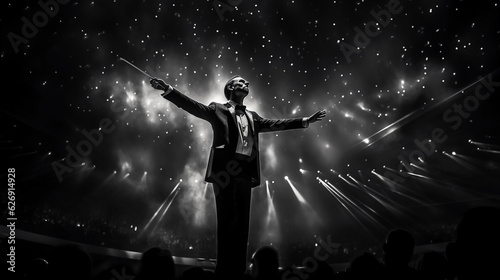 Orchestra conductor in action, seen from the orchestra's perspective, baton raised mid - motion, dramatic spotlight, black and white, high contrast, expressive