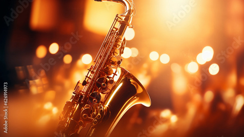 Foto close - up of saxophone keys being played, dynamic movement, golden brass reflec