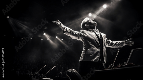 Wallpaper Mural Orchestra conductor in action, seen from the orchestra's perspective, baton raised mid - motion, dramatic spotlight, black and white, high contrast, expressive Torontodigital.ca