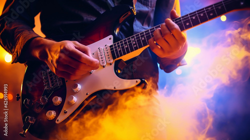 Leinwand Poster Guitarist's hands, up close, strumming an electric guitar, strings vibrating, mi