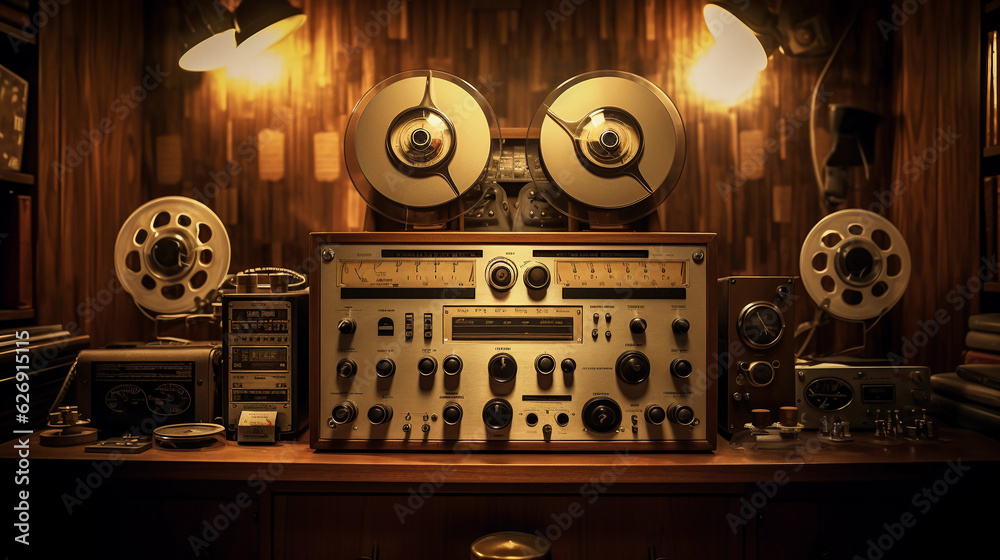 Vintage analog recording studio, reel to reel tape machine, glowing vacuum  tubes, wood paneling, focused engineer tweaking knobs, 70s era, warm sepia  tones Stock Photo