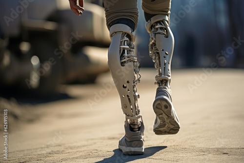 Rear view of man with prosthesis for a legs. Beautiful illustration picture. Generative AI