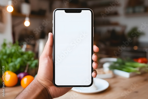 Healthy Eating - Person Holding Blank Smartphone in Kitchen - Generative AI