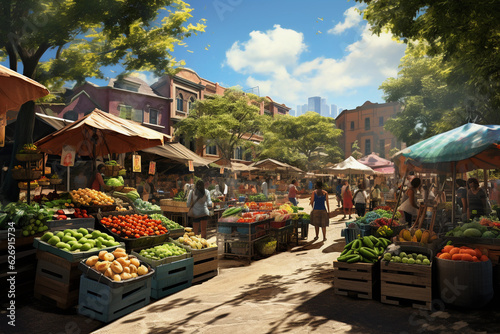 a bustling outdoor farmers' market, overflowing with local produce, in the heart of the city during a bright sunny day. Market stalls full of vibrant fruits and vegetables, handmade products labeled '