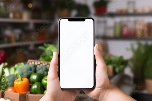 Healthy Eating - Person Holding Blank Smartphone in Kitchen - Generative AI