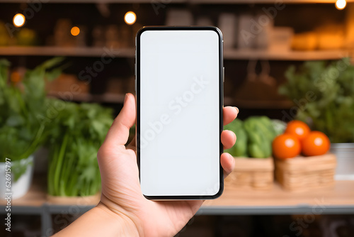 Healthy Eating - Person Holding Blank Smartphone in Kitchen - Generative AI
