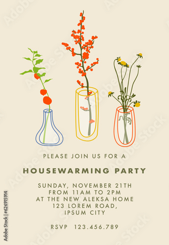 Housewarming party invitation design with flowers in vases. Simple cartoon flat style. Trendy vector illustration for invitations, greeting card, web banner design.