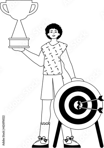The Guy is holding a cup . home of victory . entire darkness and whiten linear manner. Trendy style, Vector Illustration