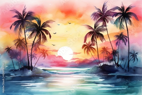 Summer sunset, ocean, artwork. Beautiful illustration picture. Generative AI © standret