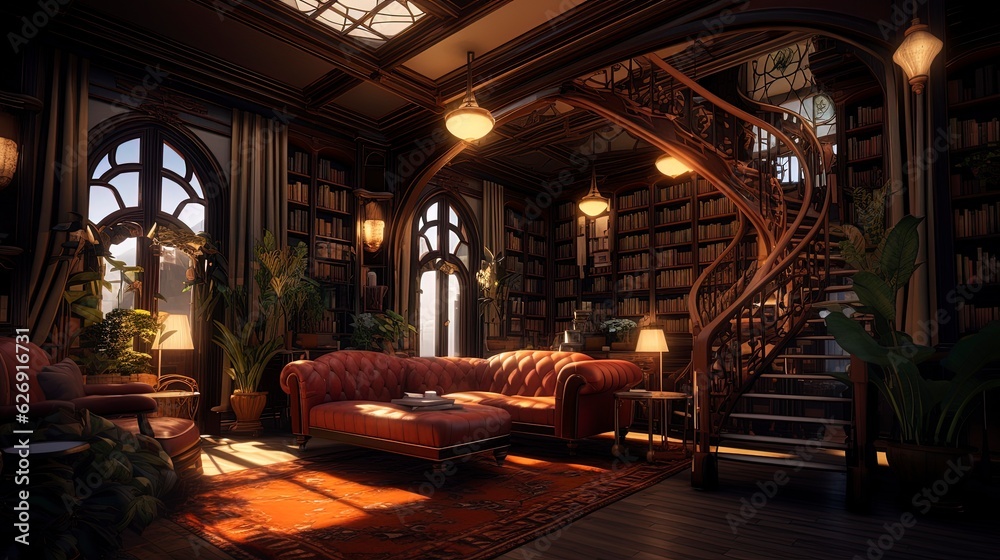 An Art Nouveau Library With FloorToCeiling Bookshelves, Cozy Reading Nooks And Intricate