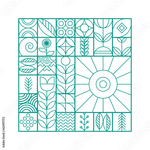 Set of illustrations - Simple flat design - Geometric elements - Leaves, flowers, stems, nature, mountains, sea, natural shapes - lines, strokes 