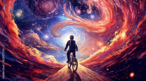 A man wearing a helmet riding his bicycle in outer space on a metaphysical psychedelic journey. Generative AI