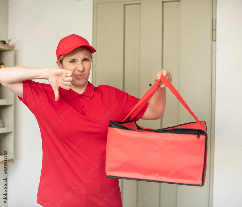 feeling cross,showing thumbs down. pizza delivery concept feeling cross,showing thumbs down. pizza delivery concept