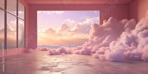 Generative AI, Pink magenta fantastic 3d clouds in the room interior, sky and landscape. Gentle colors and with bright lights..