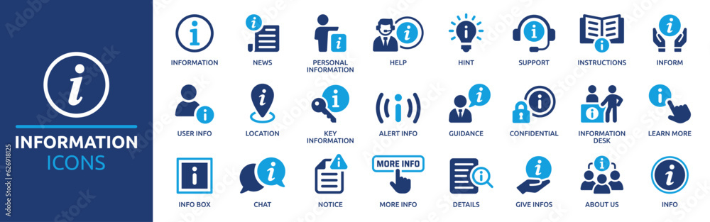 Information icon set. Containing info, help, inform, support, news ...