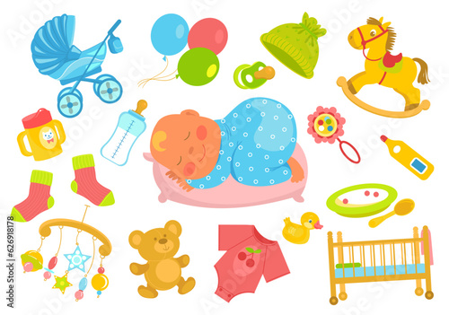 Baby accessories. Sleeping newborn. Different care supplies. Milk bottle. Bed and stroller. Childish feeding. Funny toddler products. Toys and romper. Plush bear. Splendid vector set