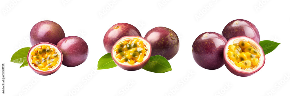 Fresh passion fruit with green leaves isolated on transparent background