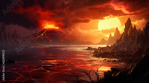 Volcano erupts in a vibrant sunset panorama. AI Generative. © Olga Khoroshunova