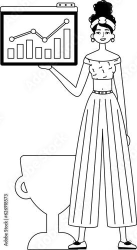 The female child holds a graph of kernel with cocksure moral motivate . blacken and testis white analogue stylus. Trendy style, Vector Illustration