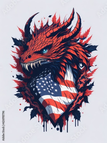 Illustration of a dragon head with an American flag design