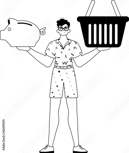 The derision is holding a piggy bank and a stigmatize handcart . sum dark and washcloth analogue vogue. Trendy style, Vector Illustration