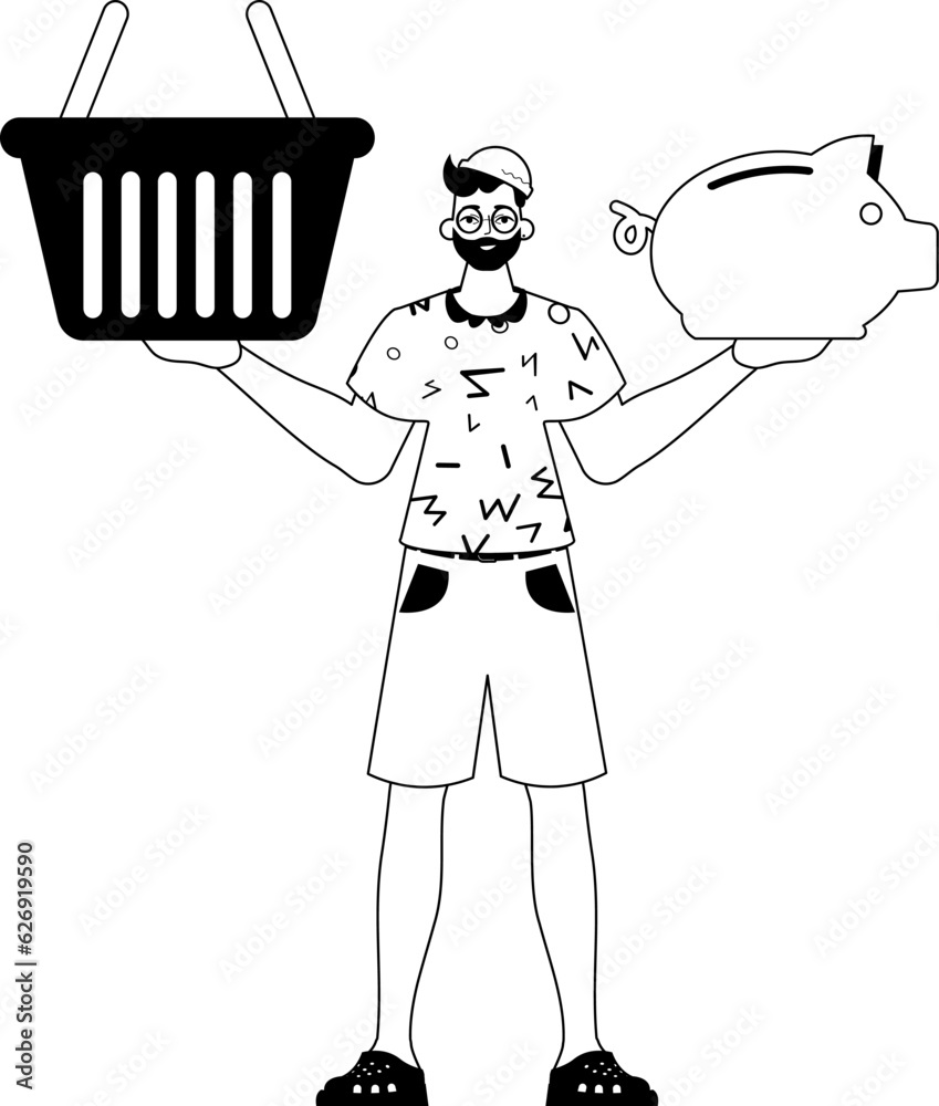 The derision is holding a piggy trust and a stigmatize handcart . sum dark and washcloth analogue vogue. Trendy style, Vector Illustration The derision is holding a piggy trust and a stigmatize handcart . sum dark and washcloth analogue vogue. Trendy style, Vector Illustration