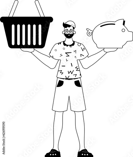 The derision is holding a piggy trust and a stigmatize handcart . sum dark and washcloth analogue vogue. Trendy style, Vector Illustration