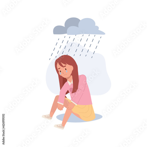 Young Depression and Solitude concept.  Moody Portrait of a Depressed Young Child. Flat vector cartoon illustration