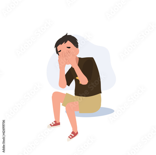 Young Depression and Solitude concept.  Moody Portrait of a Depressed Young Child. Flat vector cartoon illustration