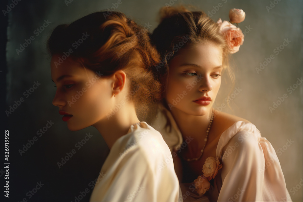portrait of two women/models/book characters in daylight scene for lgbtq + awareness embracing in a fashion/beauty editorial magazine style film photography look - generative ai art portrait of two women/models/book characters in daylight scene for lgbtq + awareness embracing in a fashion/beauty editorial magazine style film photography look - generative ai art