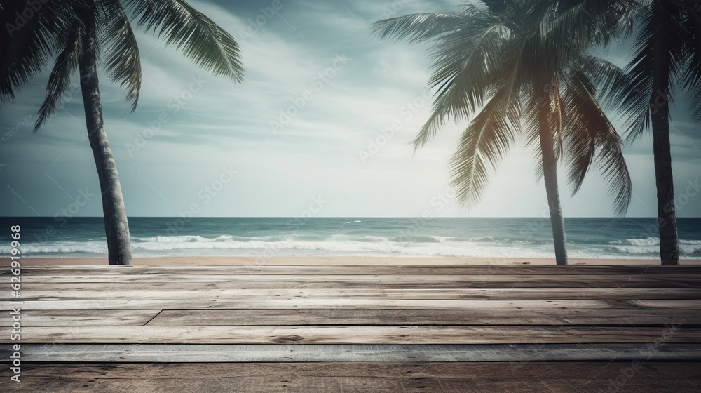 Wooden deck background with beach, coconut trees, and sunlight, tropical getaway