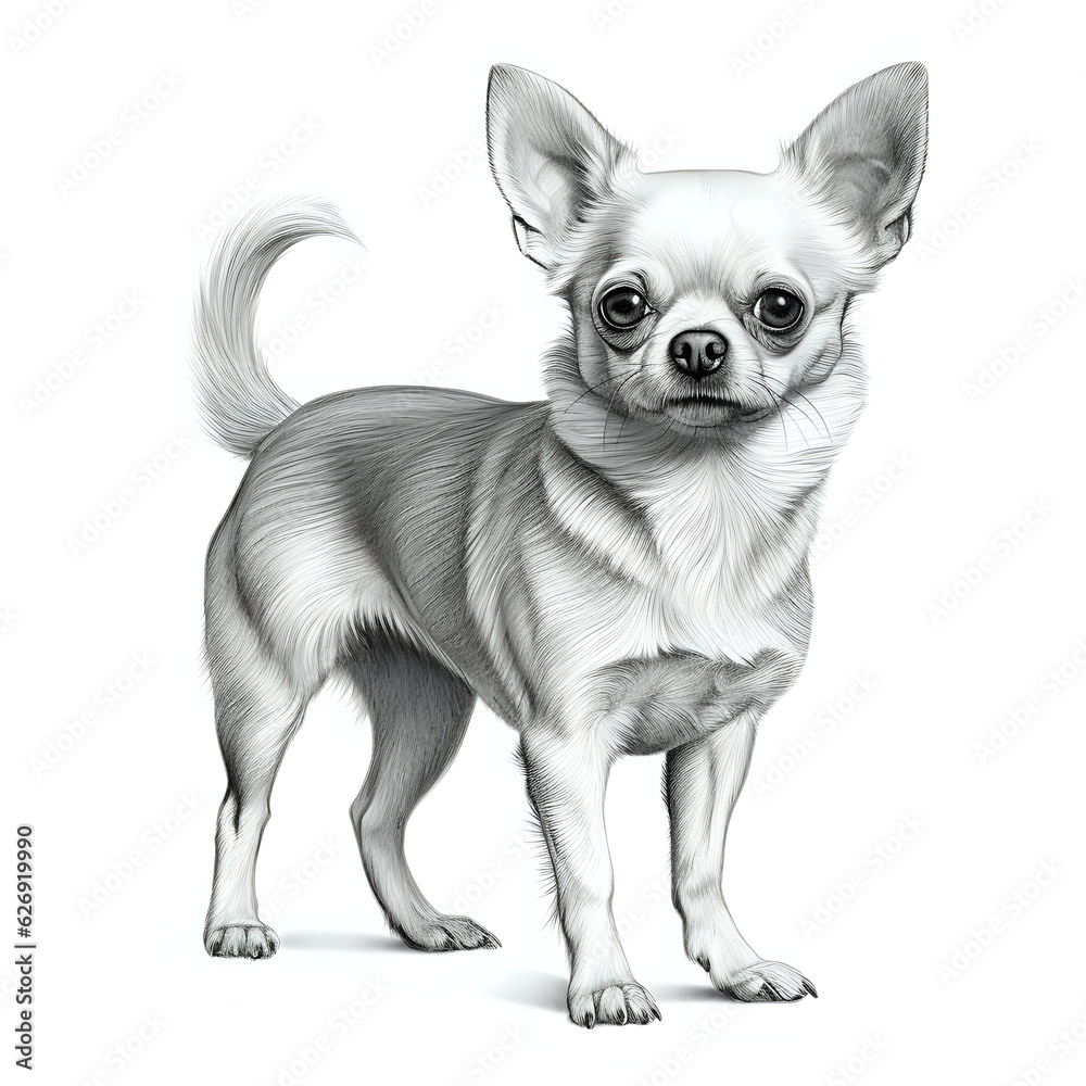 a highly detailed pencil drawing of a Chihuahua dog full body no background with subtle shadow grayscale